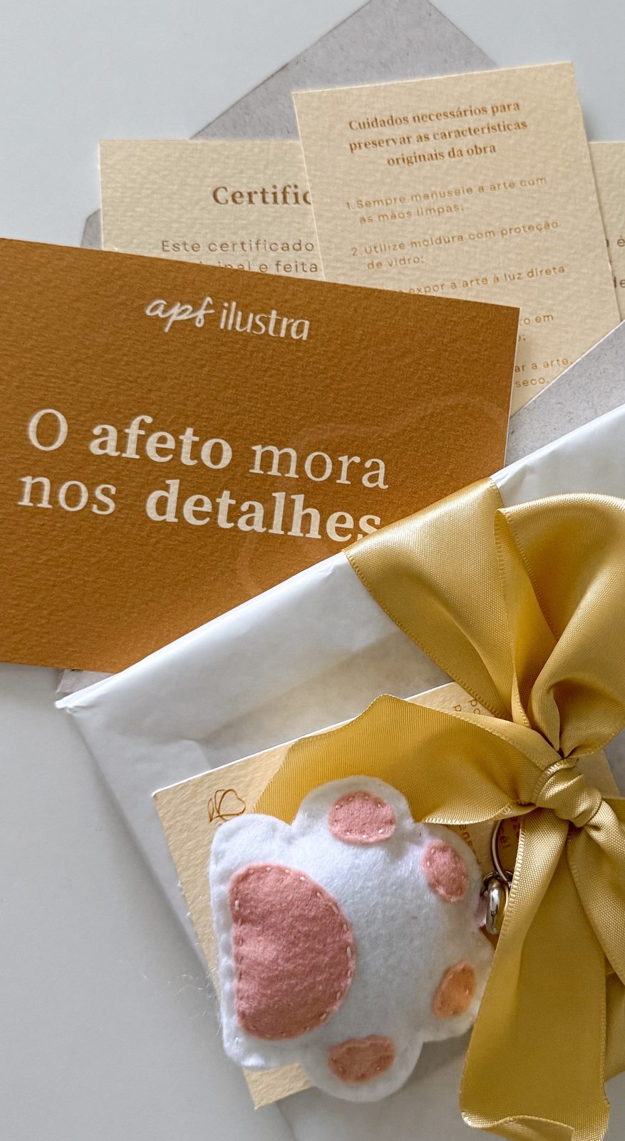 Embalagem da encomenda com laço de cetim, chaveiro de patinha e certificado