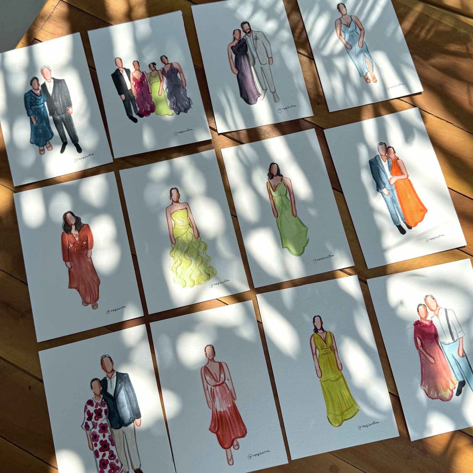 Varal de aquarelas dos convidados secando ao sol