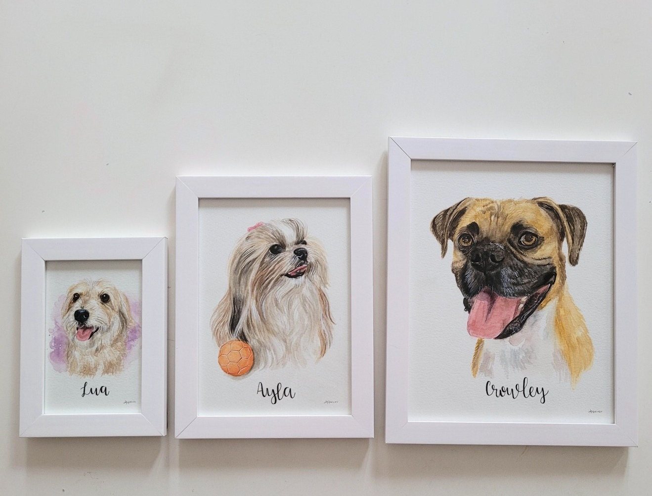 Três aquarelas emolduradas lado a lado na parede: Lua no tamanho 10 por 15, Ayla no 15 por 21 e Crowley no 20 por 25