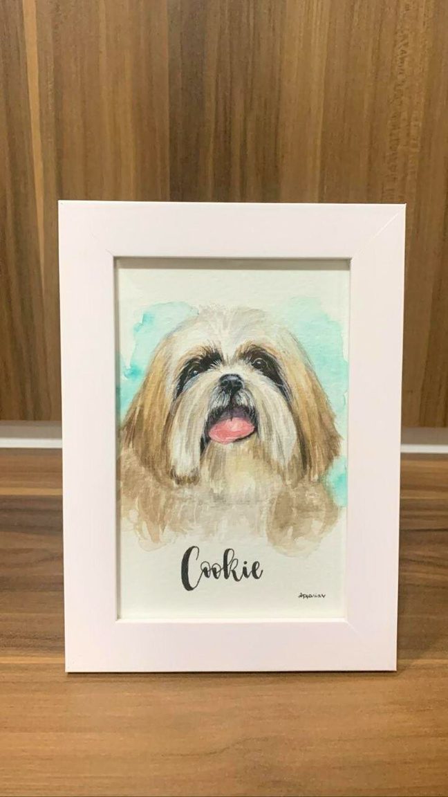 Aquarela do lhasa Cookie em moldura branca