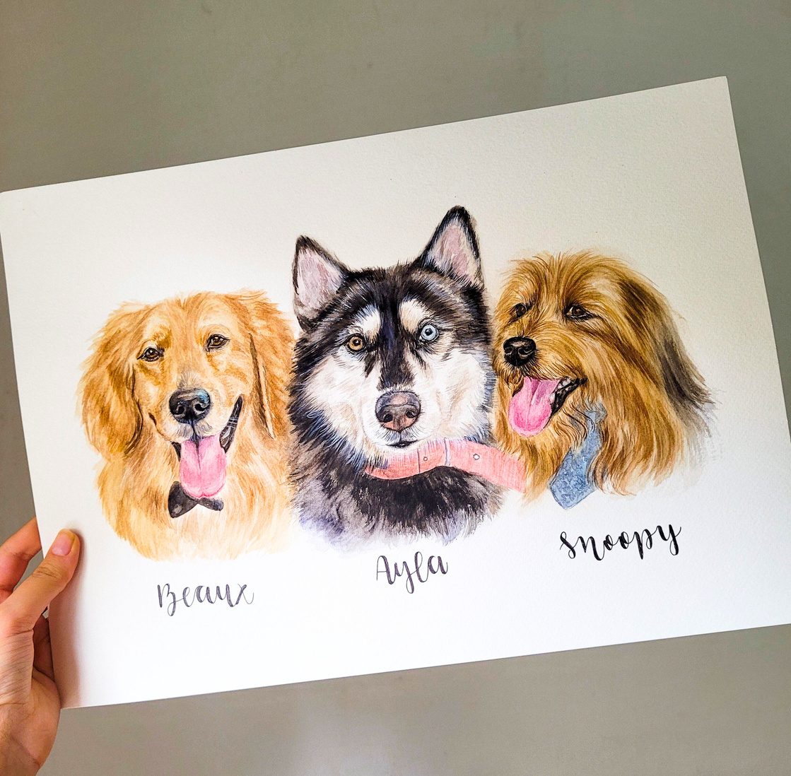 Aquarela de três cachorros segurada nas mãos