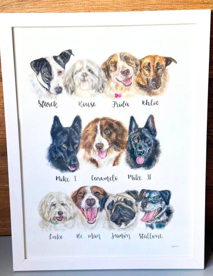 Folha grande com vários pets pintados na mesma arte, cada um com o nome escrito à mão