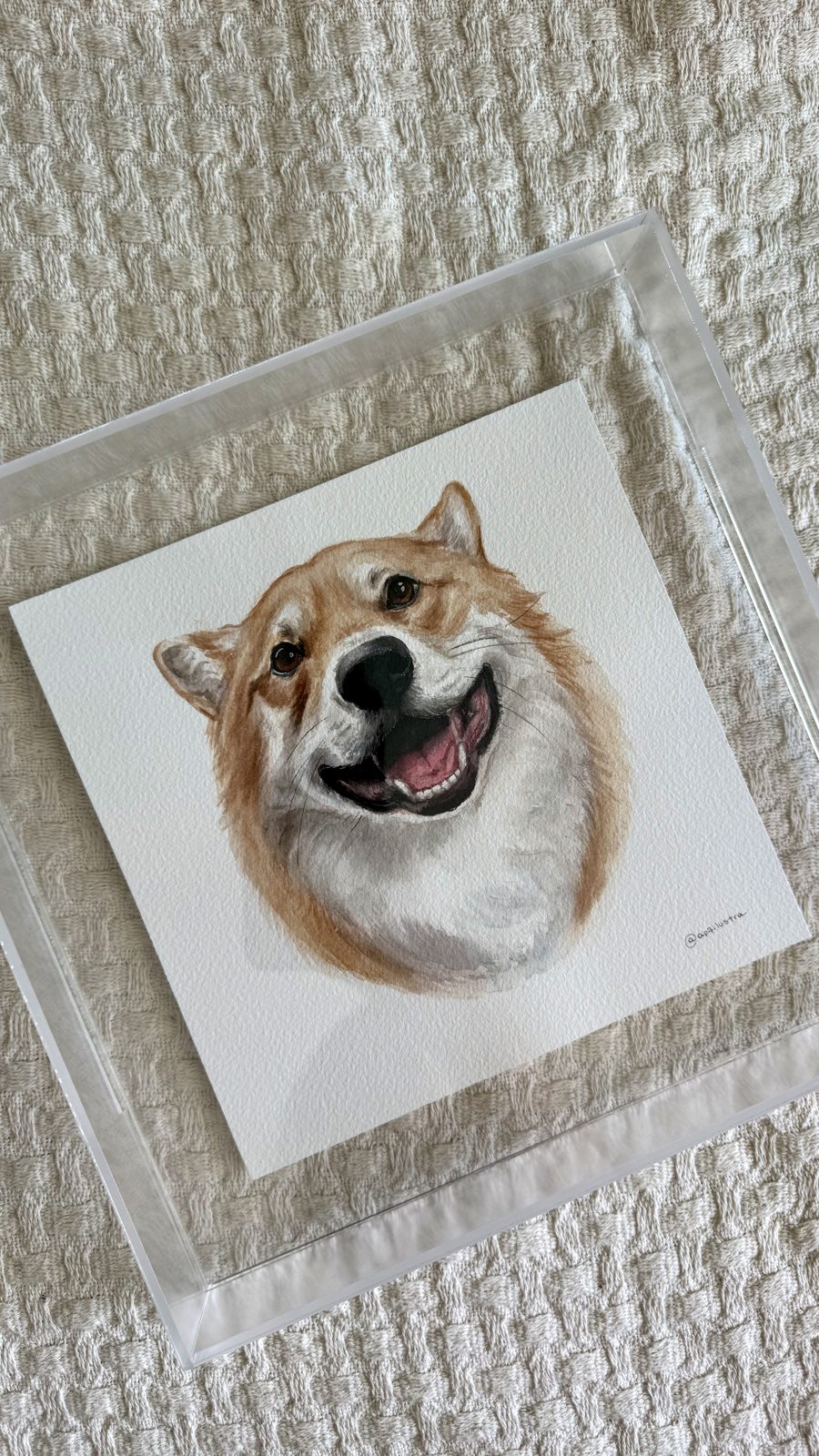 Aquarela de um cachorro sorrindo, pronta pra entrega