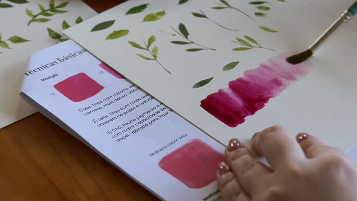 A apostila aberta na página de técnicas, com as aguadas em rosa